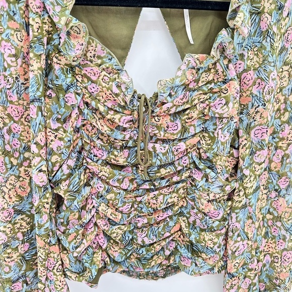 FREE PEOPLE MED Mabel garden combo woman ruch puff sleeve milkmaid floral blouse - Picture 4 of 15